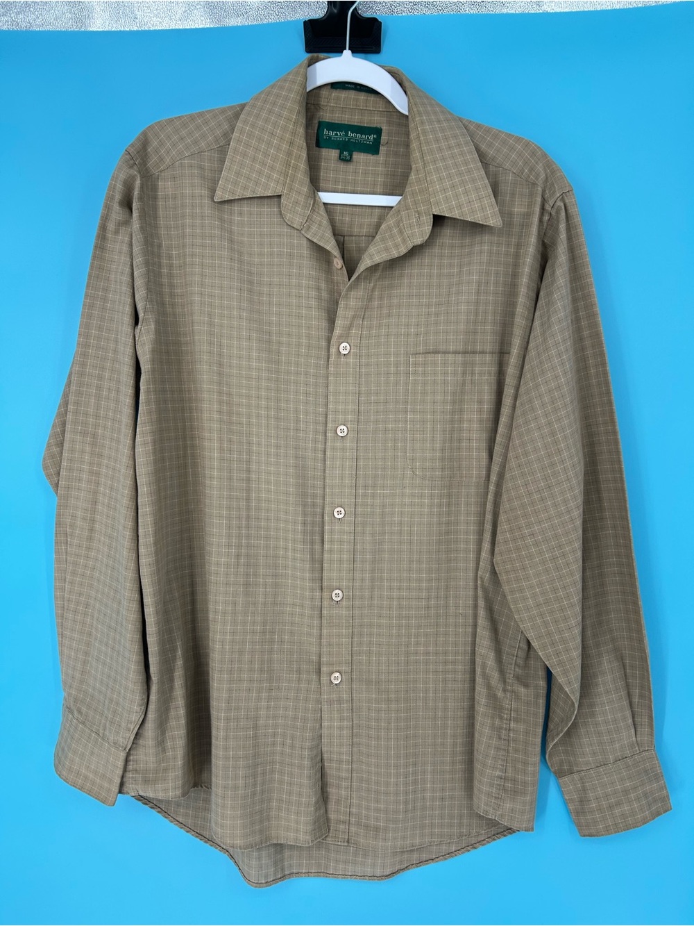 Harve Benard Olive-Tan Micro Plaid Dress Shirt